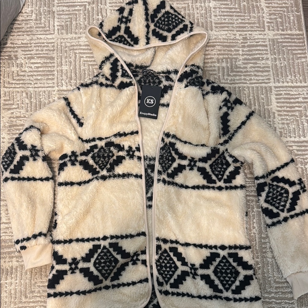 Studio Cream and Black Teddy Jacket with Geometric Patterns